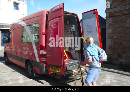 Post office mobile branch services operating out of a Mercedes Sprinter van. Newlyn, Penzance, Cornwall UK Stock Photo