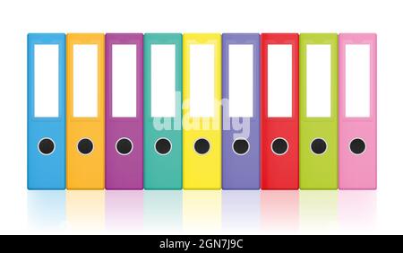Colorful ring binders, colored blank leaf binder collection for happy office work and tidy filing - illustration on white background. Stock Photo