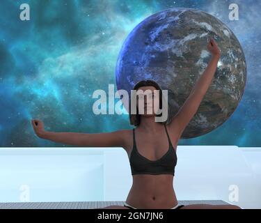 3d illustration of a beautiful woman waking up in space with an alien planet in the background. Stock Photo