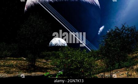 3d illustration of a dark landscape with trees in the foreground with a half moon and a large ringed planet in the background. Stock Photo