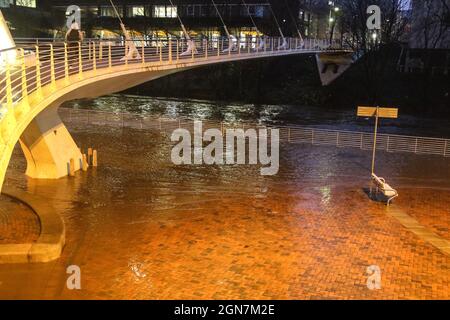 Pictures by Phil Taylor ARPS. Tel 07947390596 email philtaylorphoto@gmail.com  For Alamy.com 20 January 2021. Salford, Manchester, England. The River Irwell, where it flows between the cities of Salford and Manchester overflows onto the paving near the Lowry Hotel following Storm Christoph.Pictures by Phil Taylor ARPS. Tel 07947390596  email philtaylorphoto@gmail.com  For Alamy.com Stock Photo