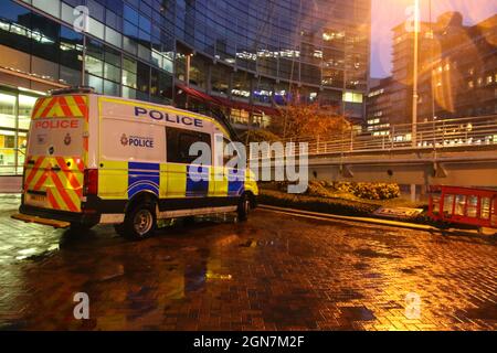 20 January 2021. Salford, Manchester, England. The River Irwell, where it flows between the cities of Salford and Manchester overflows onto the paving near the Lowry Hotel following Storm Christoph.Pictures by Phil Stock Photo