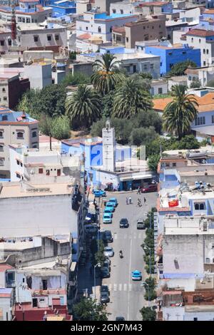 Aerial photo of Chefchaouen centered on the old mosque avenue Stock Photo