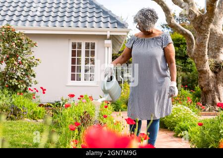 African american senior woman watering plants in backyard Stock Photo