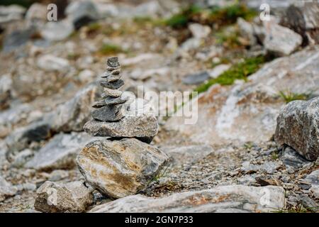 A lot of stone cairns at former marble quarry in Ruskeala, Karelia, Russia. Stone turret Stock Photo