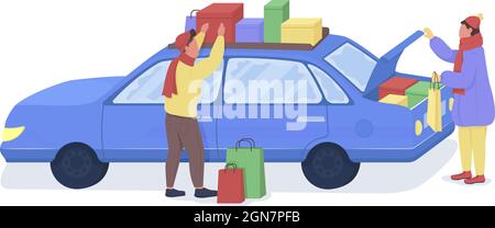 Men loaing bags on car semi flat color vector characters Stock Vector