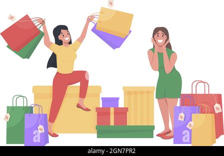 Women with shopping bags semi flat color vector character Stock Vector