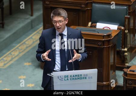 Vice-prime minister and minister of Economy and Work Pierre-Yves Dermagne pictured during a plenary session of the Chamber at the Federal Parliament i Stock Photo