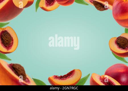 Flying fresh ripe nectarines - peaches with green leaves on a blue background. Whole and halved peaches with pits, slice. Summer fruit background, org Stock Photo