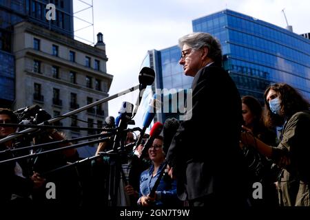 Brussels, Belgium. 23rd Sep, 2021. Thierry Breton speaks to media outside European Commission headquarters following a press conference on a global solution on charging electronic devices in Brussels, Belgium, 23 September 2021. Credit: ALEXANDROS MICHAILIDIS/Alamy Live News Stock Photo