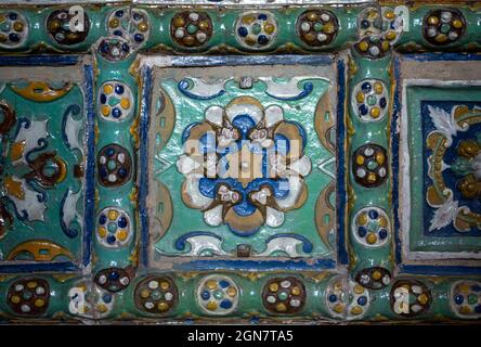 Background texture hand-painted tile. Ceramics with hand painted traditional patterns. Multicolored ceramic tiles background Stock Photo