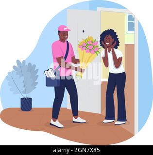 Man delivering bouquet 2D vector isolated illustration Stock Vector