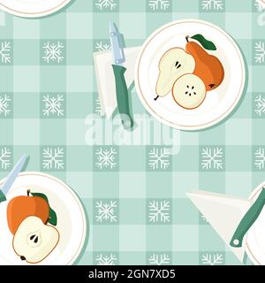Apple and pear served on a plate - vector background Stock Vector
