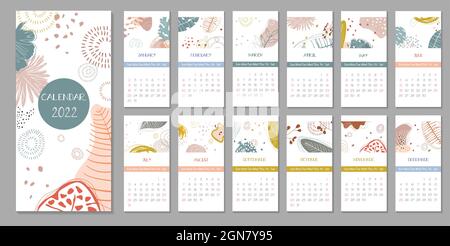 2022 trendy calendar design. Set of 12 months. Week starts on Sunday.Editable calender page template format.Abstract artistic vector illustration.Cute Stock Vector