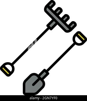 Farm rake and shovel icon. Outline farm rake and shovel vector icon color flat isolated Stock Vector
