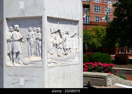 Detail of stone carvings on plinth of statue of Christopher Columbus in Columbus Park, Inner Harbor, Baltimore, Maryland, USA Stock Photo