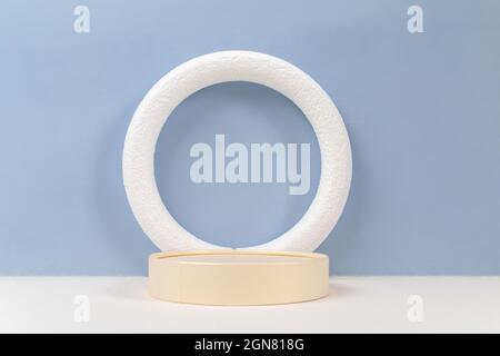 empty circle frame for object presentation or text against light blue background Stock Photo
