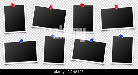 Realistic blank photo card frame, film set. Retro vintage photograph with red and blue push pins. Digital snapshot image. Template or mockup for Stock Vector