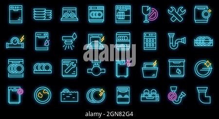 Repair dishwasher icons set. Outline set of repair dishwasher vector icons neon color on black Stock Vector