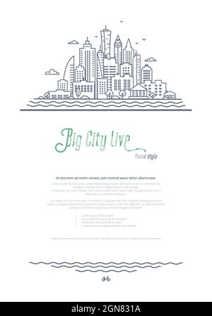 City landscape template. Thin line Cityscape, Downtown or Business district with high skyscrapers. Outline style vector illustration on white Stock Vector