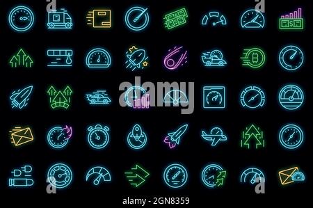 Velocity icons set. Outline set of velocity vector icons neon color on black Stock Vector