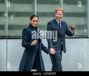 New York, USA. 23rd Sep, 2021. Meghan, The Duchess of Sussex and her husband Prince Harry exit the One World Observatory in New York City's World Trade Center. Credit: Enrique Shore/Alamy Live News Stock Photo