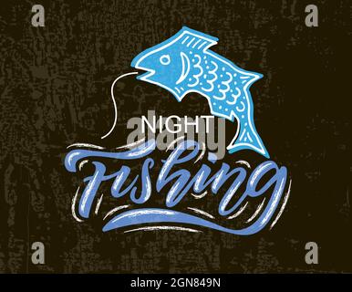 Hand sketched Fishing lettering typography. Concept for hiking camp, camping, night fishing camp, summer camp. Summer Camp logotype, badge, icon Stock Vector