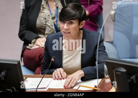 New York, United States. 23rd Sep, 2021. Ine Eriksen Soreide, minister of foreign affairs of Norway, speaks during a meeting of the United Nations Security Council, Thursday, September 23, 2021, during the 76th Session of the U.N. General Assembly in New York. Pool Photo by John Minchillo/UPI Credit: UPI/Alamy Live News Stock Photo