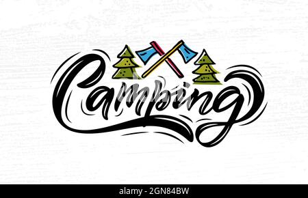 Hand sketched camping lettering typography. Concept for hiking camp, camping, night fishing camp, summer camp. Summer Camp logotype, badge, icon Stock Vector