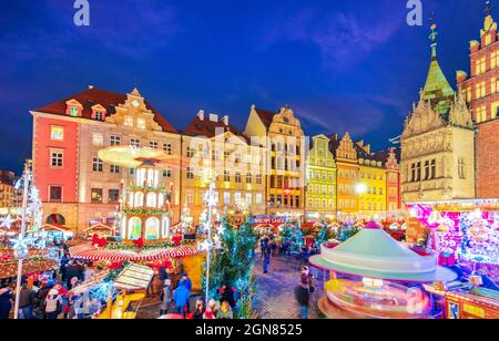 Wroclaw, Poland - December 2019: Breslau winter travel background with famous Christmas Market in Europe. Stock Photo