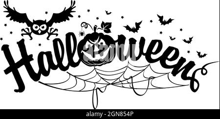 Halloween black and white poster with horror elements.  Cartoon pumpkin, owl, bat, spider for decoration greeting card. Vector on transparent backgrou Stock Vector