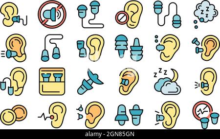Earplugs icons set outline vector. Anti care device. Ear plug protection Stock Vector