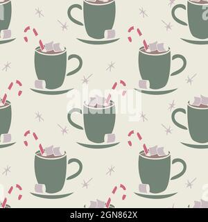 Vector seamless pattern with silhouettes of cups with hot chocolate, marshmallow and candy canes. Design with hand drawn elements. Stock Vector