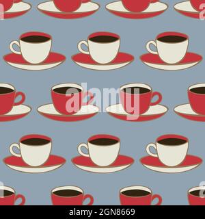 Vector seamless pattern with coffee cups and saucers. Bright design with hand drawn elements. Stock Vector