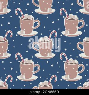 Vector seamless pattern with cups with hot chocolate, marshmallow and candy canes. Cozy design with falling snow. Stock Vector