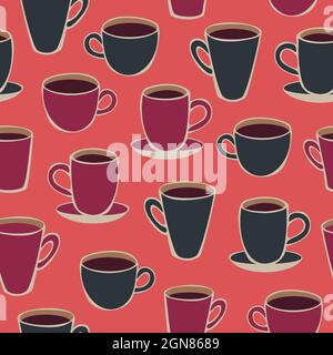 Vector seamless pattern with different shapes cups and mugs with coffee. Decorative cups on bright background. Stock Vector