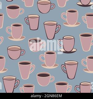 Vector seamless pattern with cups and mugs with hot drinks. Design with hand drawn coffee cups. Stock Vector