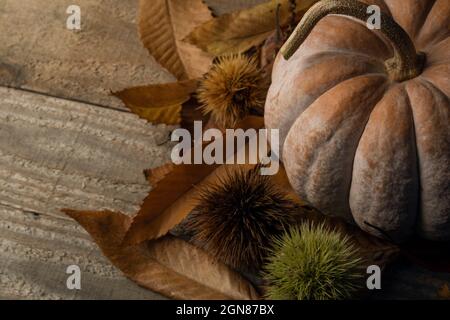 Autumn background: pumpkin on chestnut leaves on a wooden table Stock Photo