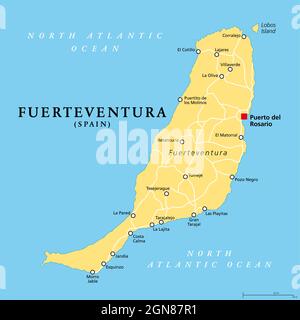 Fuerteventura island, political map, with capital Puerto del Rosario. One of the Canary Islands, an archipelago and autonomous community of Spain. Stock Photo