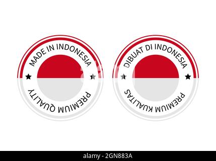 Made in Indonesia round labels in English and in Indonesian languages. Quality mark vector icon. Perfect for logo design, tags, badges, stickers, embl Stock Vector