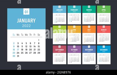 Year 2022 colorful minimalist monthly calendar on black background. Week starts Sunday. Vector template. Stock Vector