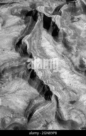 Aerial view of eroded rock formations in Badlands National Park, South Dakota. Stock Photo