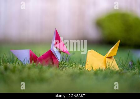 Origami Fox chasing a Rabbit through the long grass  outside in the park gardens Stock Photo
