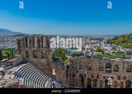 Acropolis, Athens Greece,July 27, 2017 amphitheatre at the Acropolis of Athens an ancient citadel archeologicall site above the city of athens in Gree Stock Photo