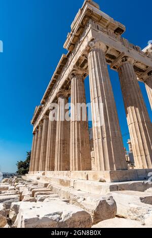 Acropolis, Athens Greece,July 27, 2017 View of the corner of the Parthenon at the  Acropolis of Athens an ancient citadel archeologicall site above th Stock Photo