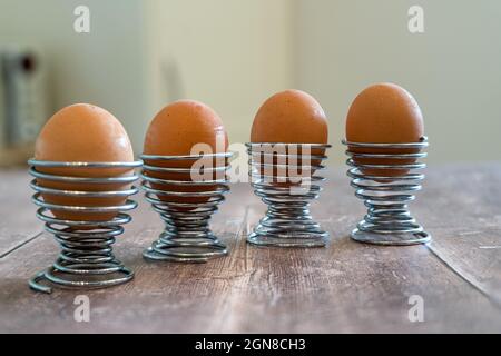 Four Eggs in stainless steel spiral wire egg cup holders isolated on a rustic wooden table Stock Photo