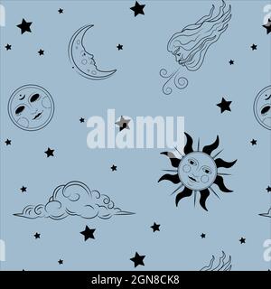 Vector pattern with vintage sun,moon and stars,wind and clouds Stock Vector