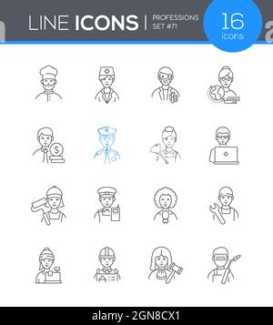 Professions - modern line design style icon set. Who to become is a question that everyone asks sooner or later. Choosing specialty, qualification or Stock Vector