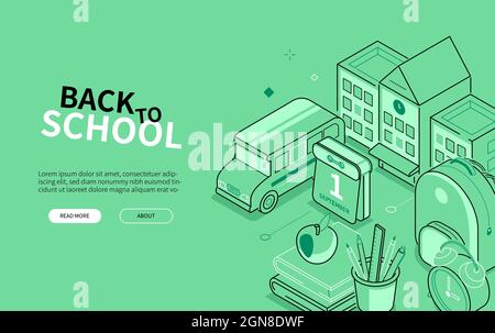 Back to school - line design style isometric web banner. Education, studying green header with copy space for text. Illustration with backpack, calend Stock Vector