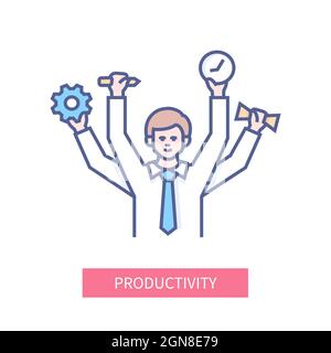 Productivity - modern colorful line design style icon on white background. Neat detailed image of multitasking office worker. Man holding a gear, a pe Stock Vector